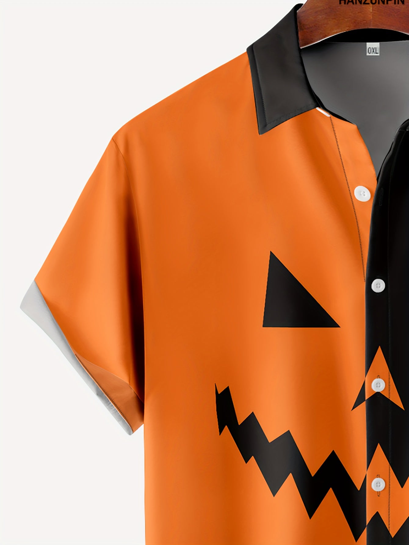 Zwart-Oranje Halloween Pompoen Overhemd - Casual Revers Kraag