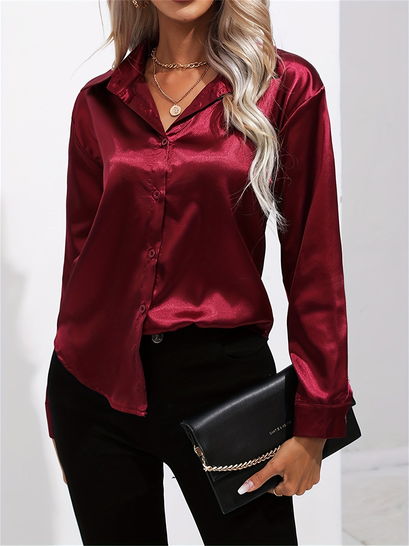 Roze Satijnen Lange Mouwen Blouse - Elise