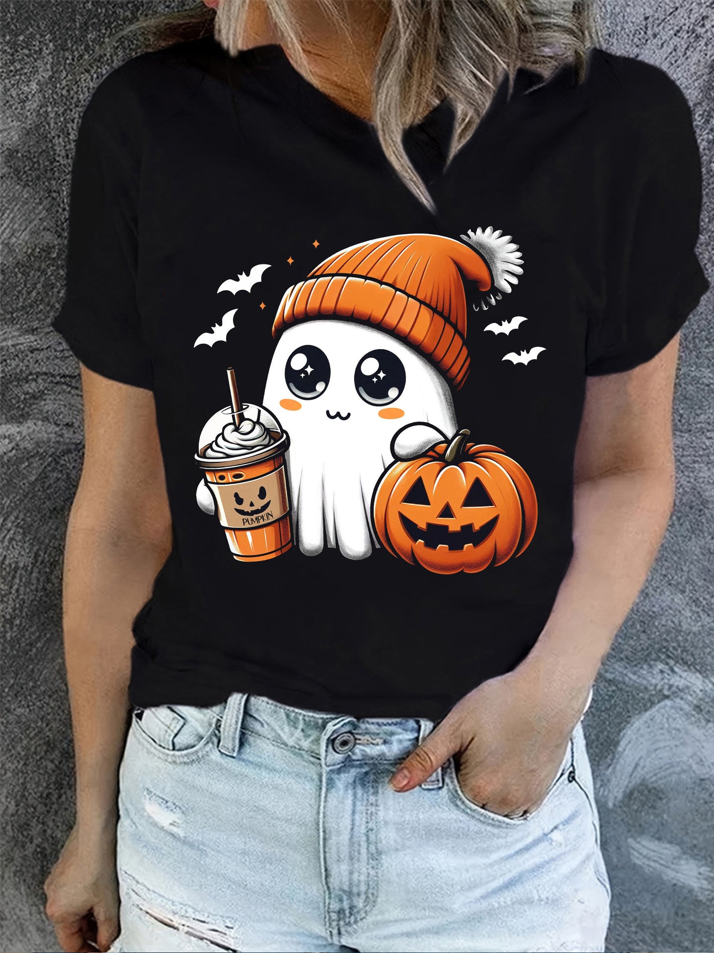 Zwart Schattig Spook T-shirt met Pompoen en Koffie - Casual Ronde Hals