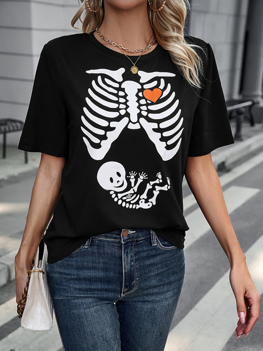 Zwart Halloween Skelet Print T-shirt - Ronde Hals