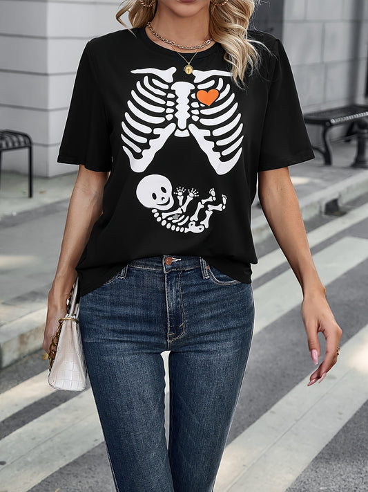 Zwart Halloween Skelet Print T-shirt - Ronde Hals