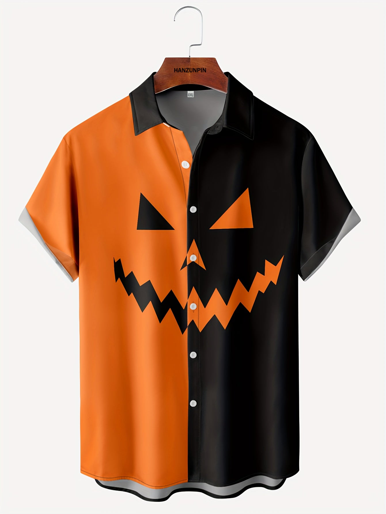 Zwart-Oranje Halloween Pompoen Overhemd - Casual Revers Kraag