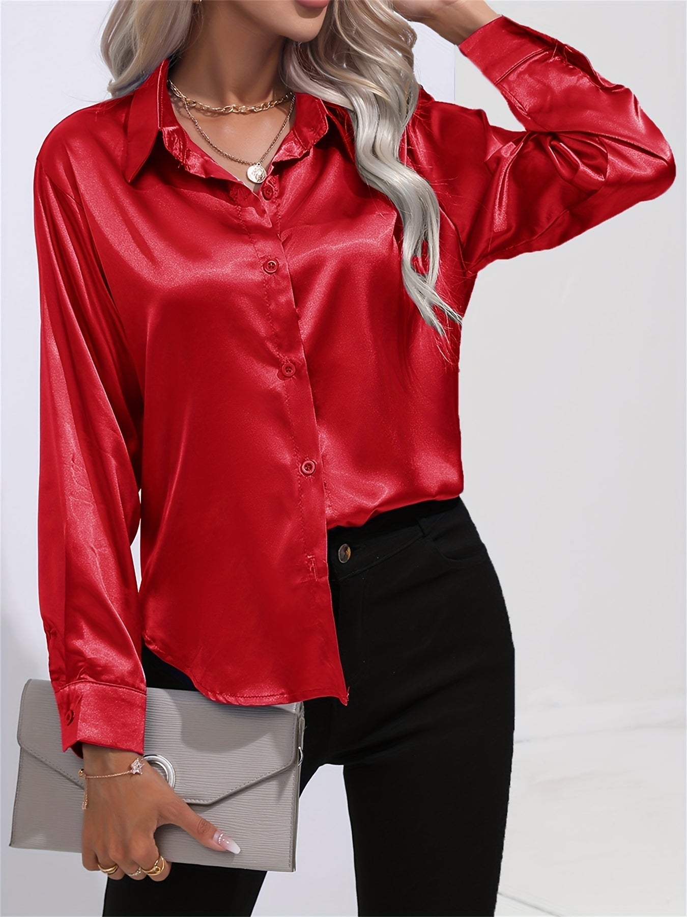 Roze Satijnen Lange Mouwen Blouse - Elise