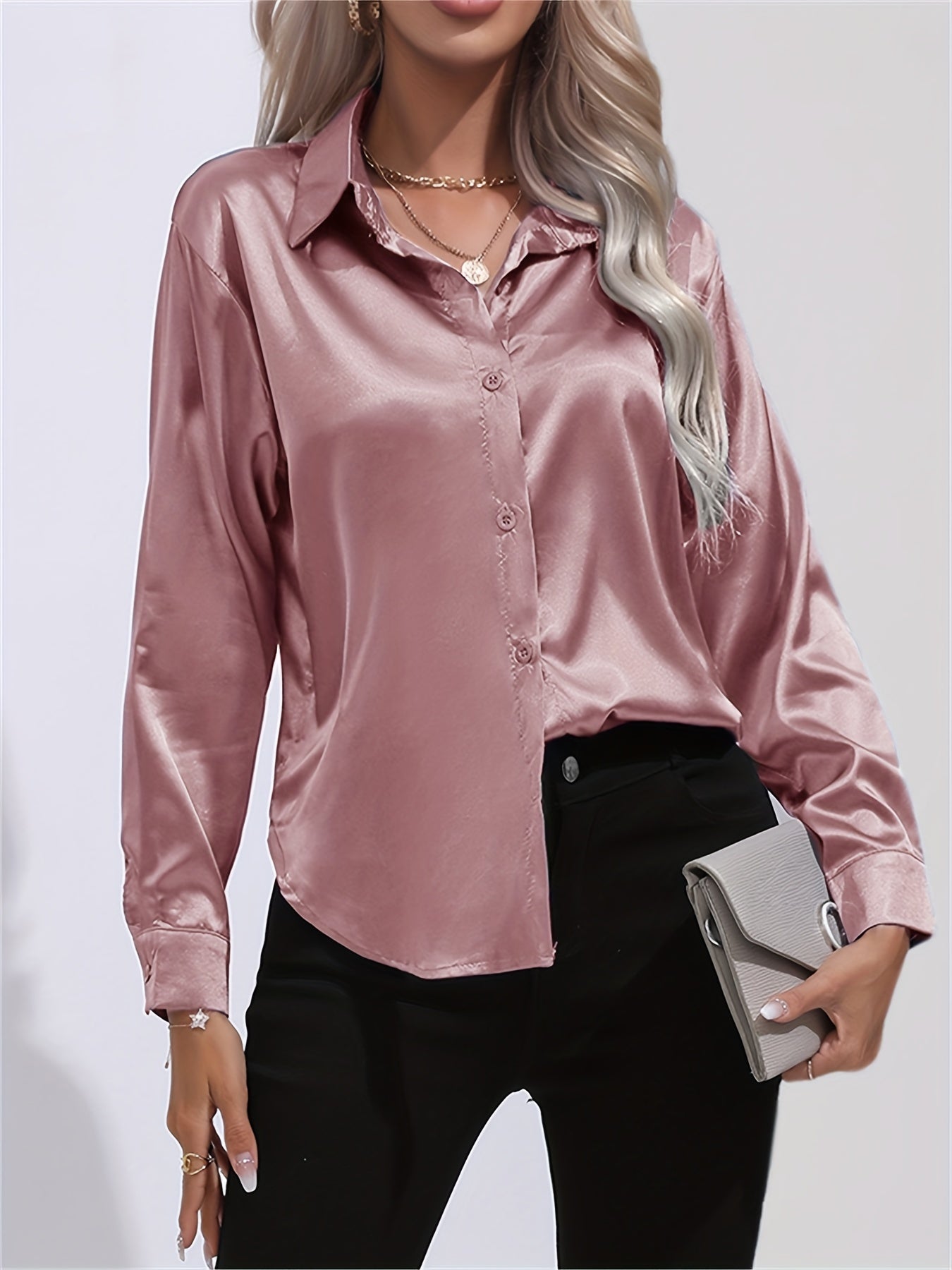 Roze Satijnen Lange Mouwen Blouse - Elise