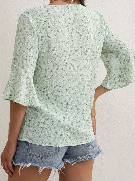 Vrouwelijke V-Hals Blouse Met Speelse Ruches Mouwen - Perfect Voor