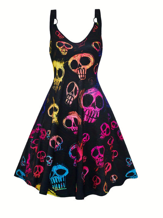 Zwart Skull Jurk met Allover Print - Elegante Stijl