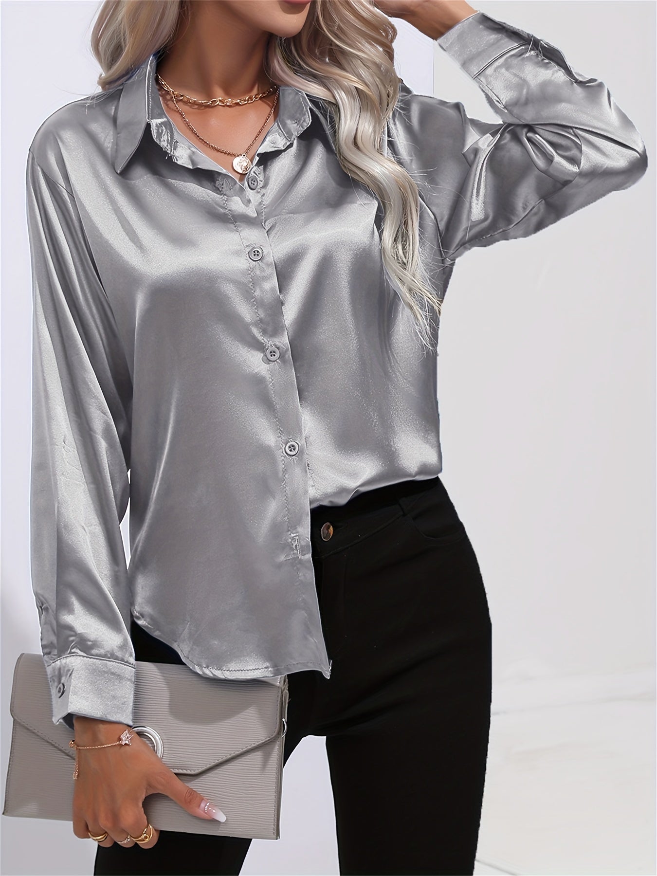 Roze Satijnen Lange Mouwen Blouse - Elise