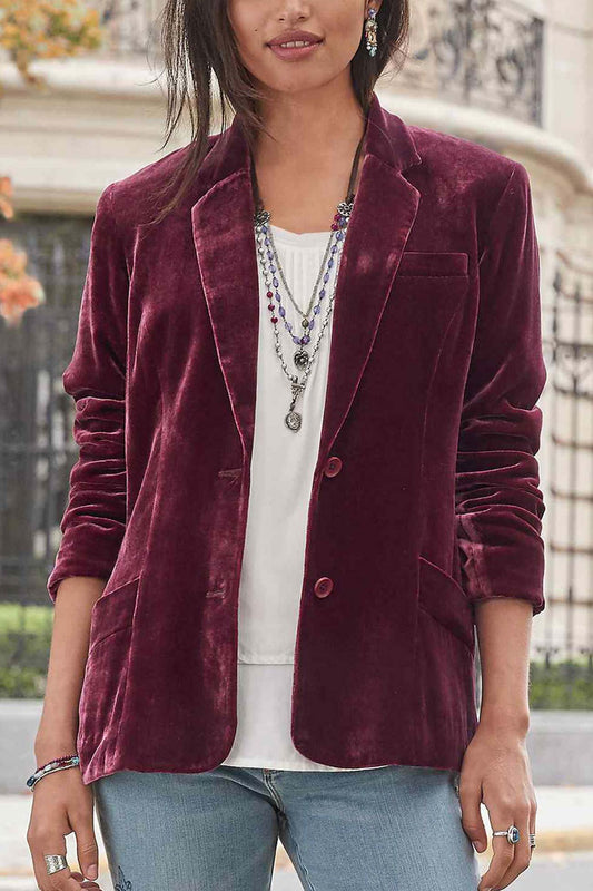 Velvet Slim Fit Crop Blazer - Ruby