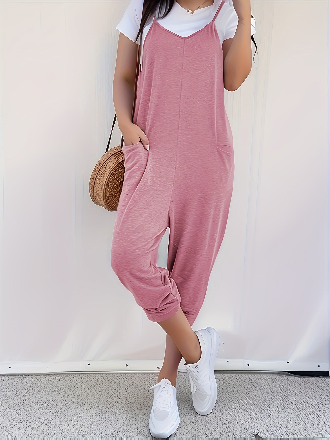 Casual V-hals Jumpsuit - Rosa