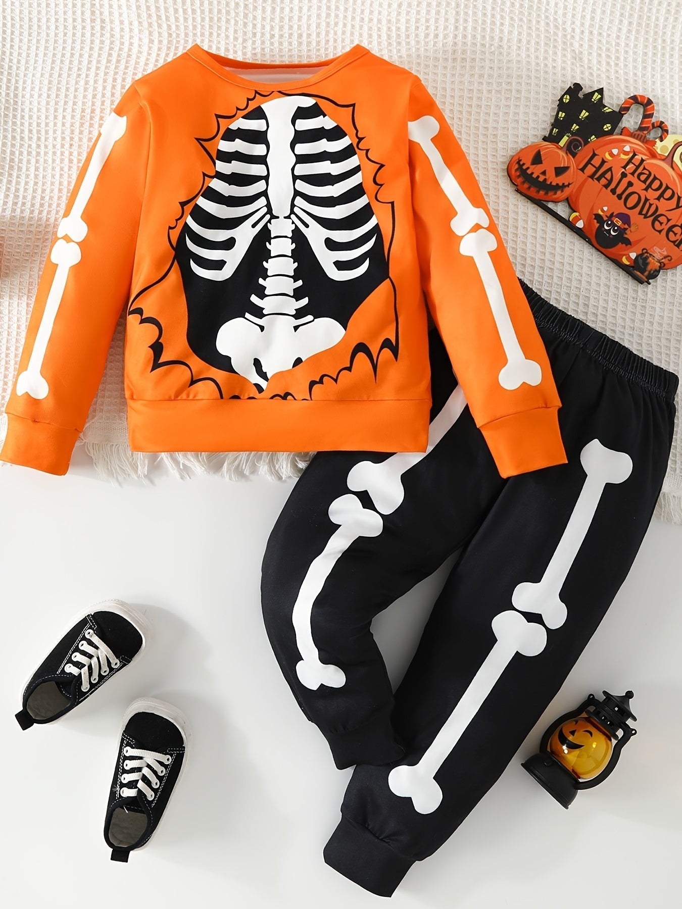 Zwart en oranje set - kinder Halloween skeletten kostuum