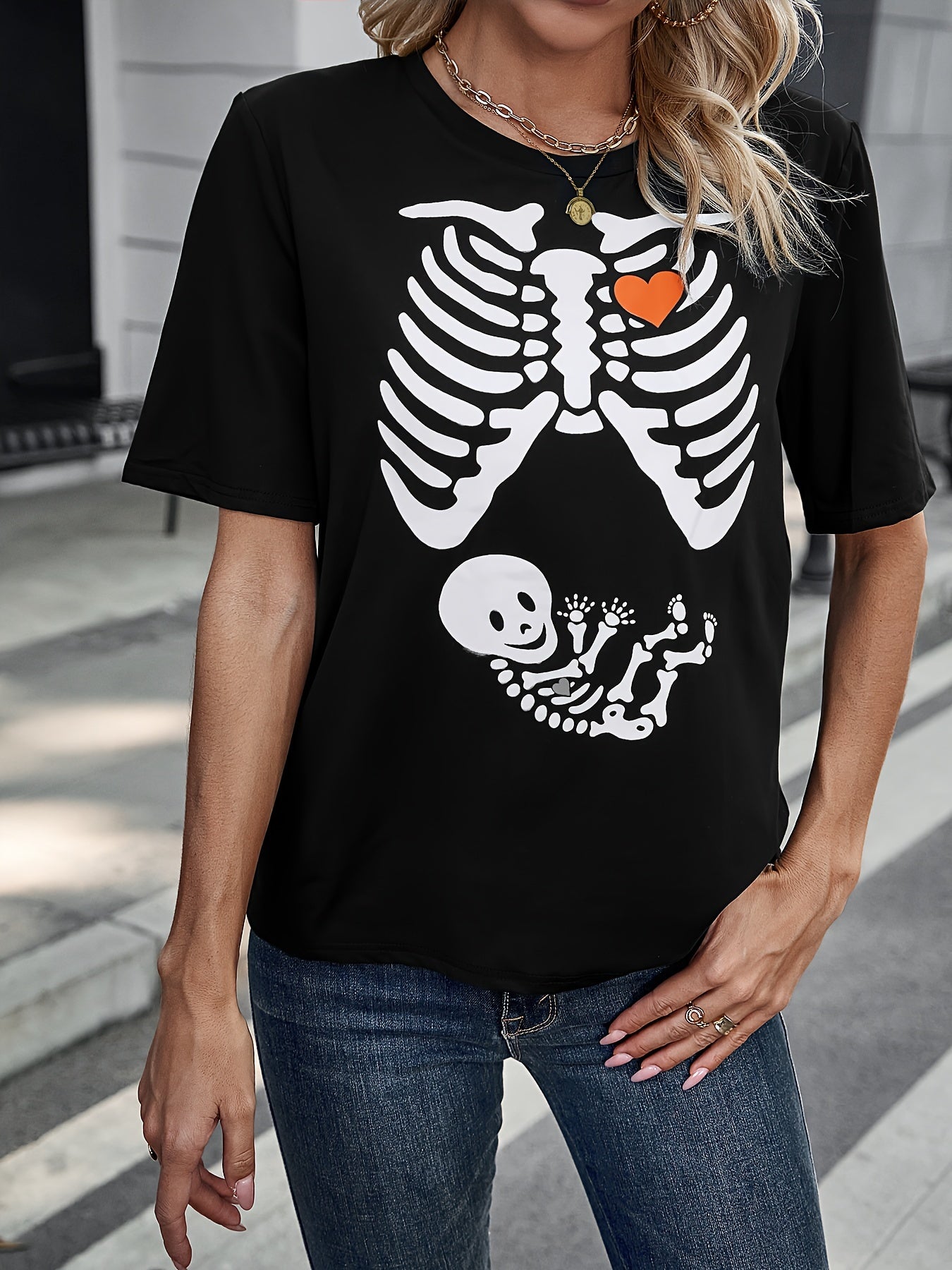 Zwart Halloween Skelet Print T-shirt - Ronde Hals