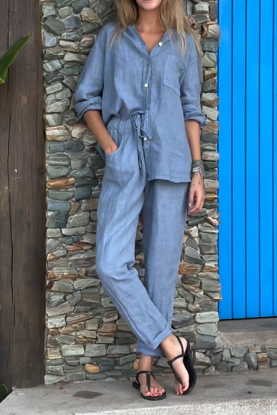 Casual V-Hals Katoenen Set - Luchtige Zomerset met Losse Pasvorm