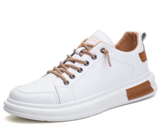 Witte herensneakers met bruine accenten - Leon