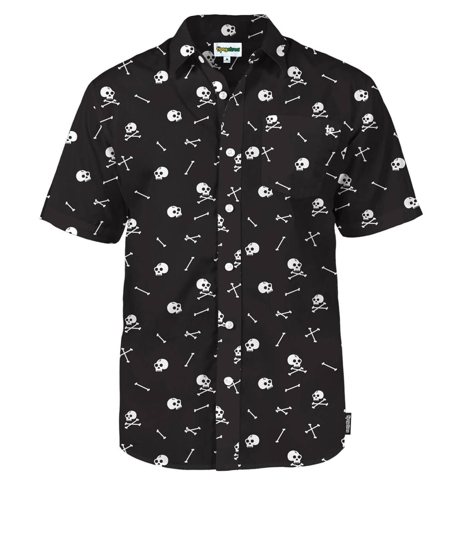 Zwart shirt met korte mouwen en doodshoofd en bottenpatroon - Halloween shirt Karl